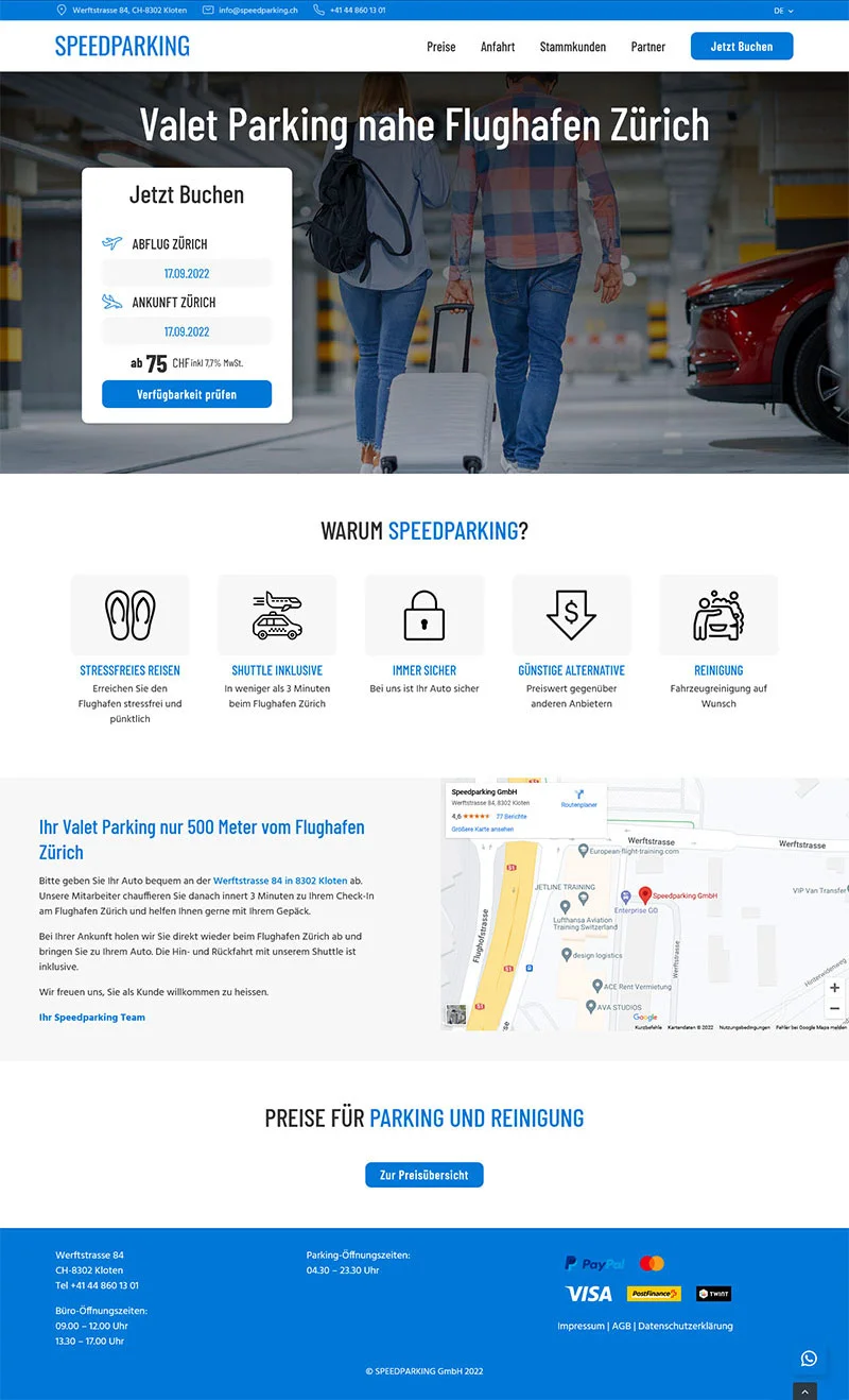 Speedparking – Screenshot Fullsize Startseite Speedparking am Flughafen Zürich - Screenshot Fullsize Startseite